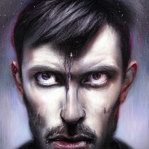 Image similar to surreal portrait of a man by Greg Rutkowski, symmetrical face, he is about 30 years old, short black hair with bangs, his features are a mix between French, Turkish and Russian, transformed into a kind of biomechanical transhuman god, blue glowing eyes, expression of epiphany and determination, cosmic void background, frightening, fascinating, highly detailed portrait, digital painting, book cover, artstation, concept art, smooth, sharp foccus ilustration, Artstation HQ