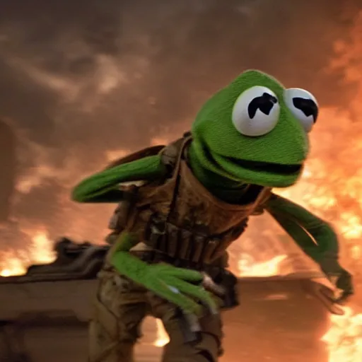 Prompt: action scene of kermit the frog in the movie Edge of Tomorrow (2014), highly detailed, highly textured, atmospheric, night, explosions futuristic