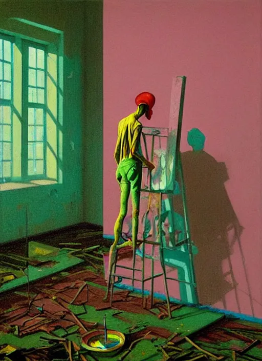 Prompt: a skinny, starving artist painting the walls inside a deserted chernobyl by james jean, greg hildebrandt, in the style of francis bacon and edward hopper and beksinski, dark surrealism, in pink, green and blue colour palette, science fiction, highly detailed