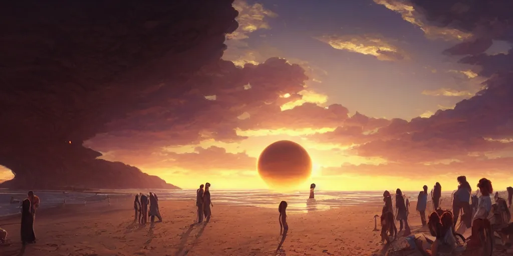 Prompt: a few people watching sunset on a beach with a close planet looming above the sky, intricate, highly detailed, digital painting, trending on artstation, concept art, smooth, illustration, cinematic lighting, art by artgerm and greg rutkowski and alphonse mucha