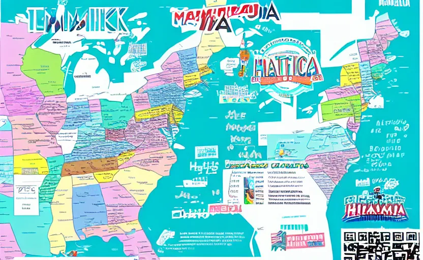 Prompt: hatsune miku across america map, map key, tourist map, brochure