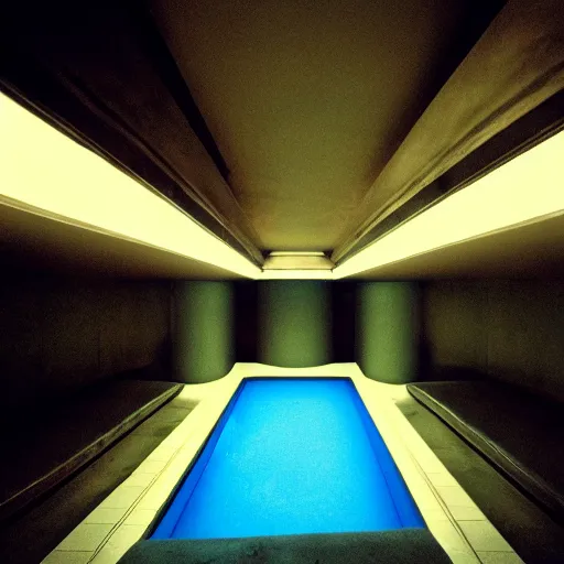 Prompt: color photograph of a retrofuturist liminal pool room with a dark tunnel and terraces, minimalist, oddly familiar, cinematic, dramatic lighting, soft vintage glow, noisy