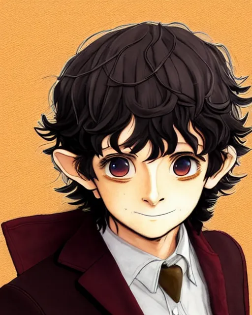 Image similar to portrait Anime joyful Hobbit Frodo Baggins; velvet brown jacket, backpack, Shire background || cute-fine-face, pretty face, realistic shaded Perfect face, fine details. Anime. realistic shaded lighting by Kim Jung Gi