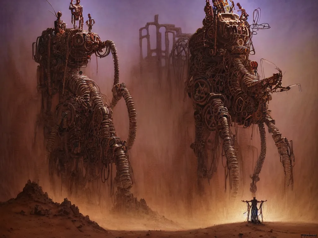 Image similar to A magical male-shaman in shamanistic robes performs a ritual to resurrect a mechanical horse inside a huge steel ancient ruins covered of dunes of sand. Art by Finnian MacManus, Zdzisław Beksiński, Simon Stalenhag, Arthur Rackham. Masterpiece, fantasy art, cinematic, hyperdetailed, sigils, photorealistic, cyberpunk, postapocalyptic, steampunk, hyperrealism, octane render, 8k
