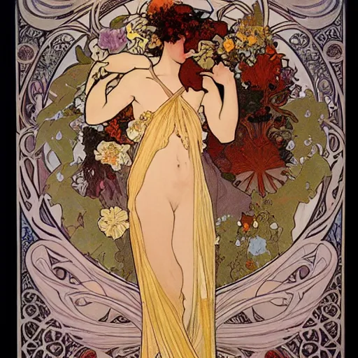 Image similar to persephone as godess of hell, death and flowers, painted by alphonse mucha