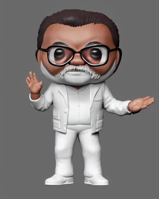 Image similar to full body 3d render of Altaf Hussain as a funko pop, studio lighting, white background, blender, trending on artstation, 8k, highly detailed