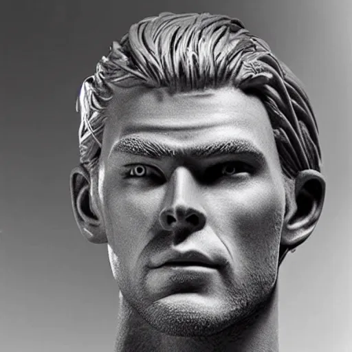 Image similar to “a realistic detailed photo of a guy who is an attractive humanoid who is half robot and half humanoid, who is a male android, Chris Hemsworth, shiny skin, posing like a statue, blank stare”