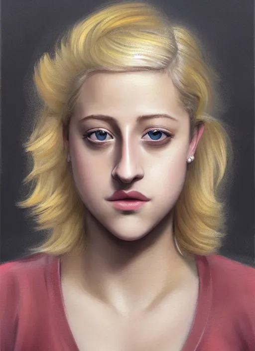 Image similar to full body portrait, teenage lili reinhart, blonde hair, obese, bangs, ponytail, sultry, realistic, sultry, fluffy bangs, shirt, curly bangs, fat, belly, intricate, elegant, highly detailed, digital painting, artstation, concept art, smooth, sharp focus, illustration, art by wlop, mars ravelo and greg rutkowski