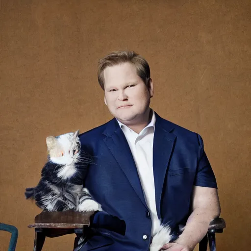 Image similar to Andy Richter wearing a blue dress shirt necktie navy dress pants sitting in a chair petting a calico cat