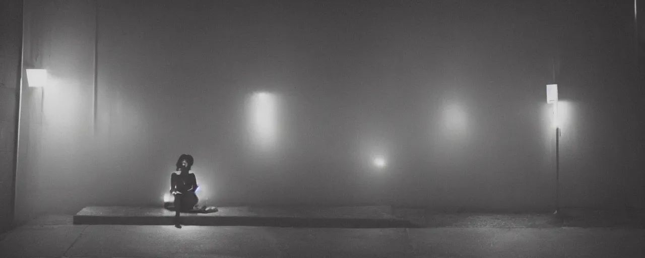 Prompt: foggy neon night, sayaka isoyama leaning back against a wall in a black minidress smoking a cigarette outside a neon lit entrance, 1 9 7 0 s, intricate, moody, tasteful, intimate, highly detailed, short focus depth, artgerm, henri cartier bresson