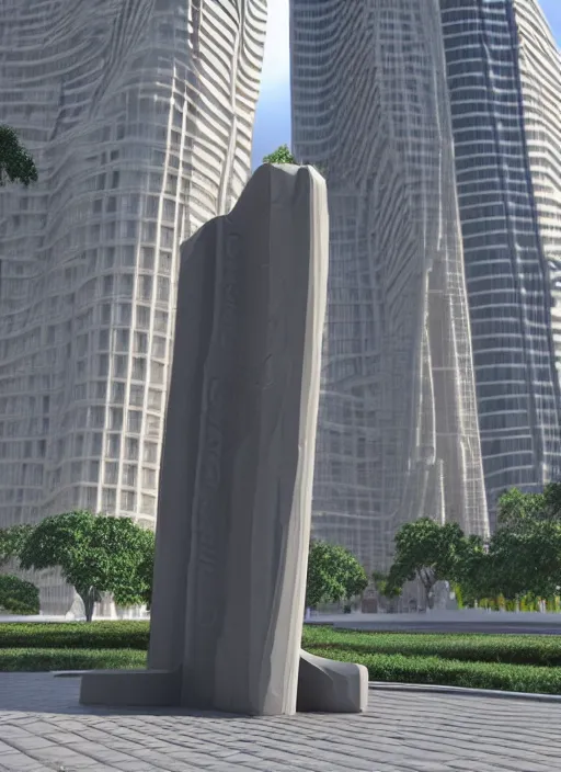 Image similar to highly detailed realistic architecture 3 d render of a futuristic stele monument in ieoh meng pei style standing in city park, archdaily, made in unreal engine 4 octane render