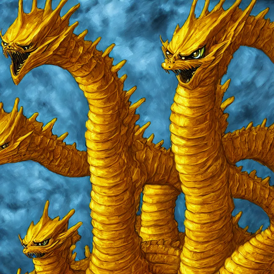 Prompt: king ghidorah, oil painting, extremely detailed, art station, concept art