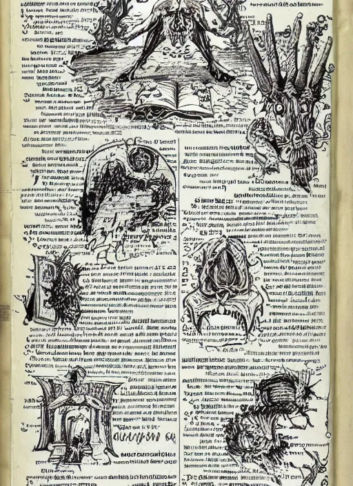 Prompt: a full page scan of detailed vintage illustrated instructions on how to raise the dead, handwritten, spells, intricate writing, satanic, evil, grimoire page, necronomicon style