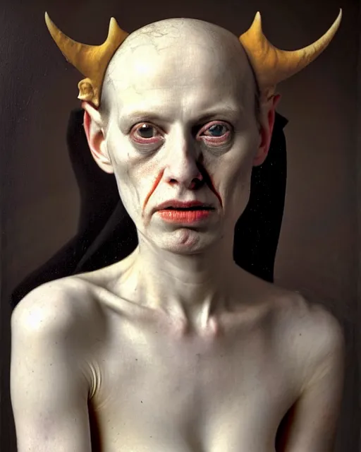 Image similar to a close up portrait of the devil with a blank cold expression, by joel peter witkin and hieronymus bosch and annie liebovitz, very pale skin, very blurry, translucent white skin, foggy, oil painting, photorealistic, anatomically correct, beautiful perfect face, visible brushstrokes, sharp focus, highly detailed, cinematic lighting, 8 k, hd