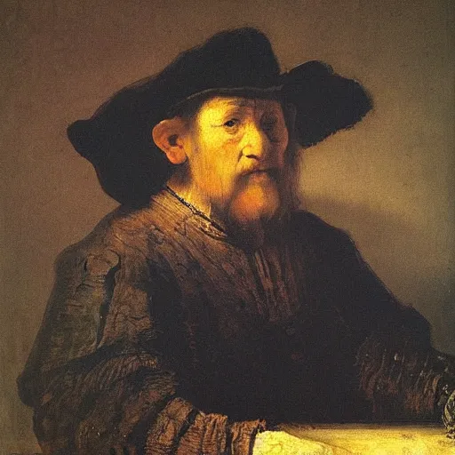 Prompt: a man that spent $15 on Dalle prompts in one day, and is unsatisfied he still did not get the result he wanted. Rembrandt painting