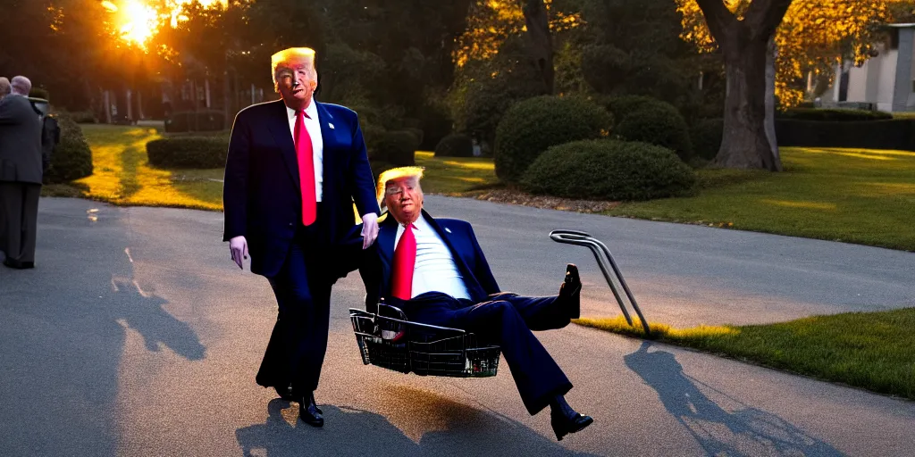 Prompt: Donald trump falls off of a trolly, caught in 4K, golden hour