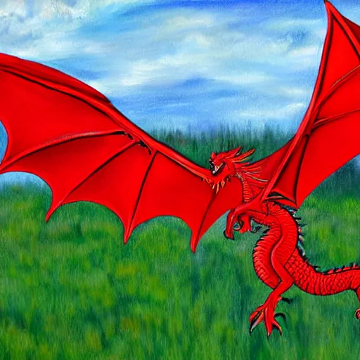 Prompt: flying red dragon over a field, art by emeraldodin