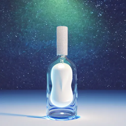 Image similar to Galaxy in a Bottle sitting on a white table in a brightened room, rendered by, Xie Boli, Max Hay, Cameron Mark, and Hue Teo, artstation 3d, artstation render, artstation 3d render, 3d art, unreal engine 3d, octane 3d, blender 3d, 3d landscape, photorealistic imagery, photorealistic details, intricate, highly detailed, trending on artstation, 4k, 8k