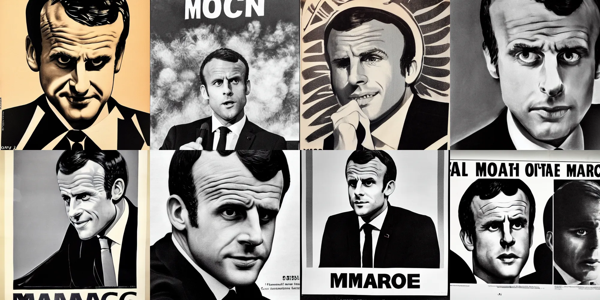 Prompt: macron on a 1 9 6 8 poster, police black and white