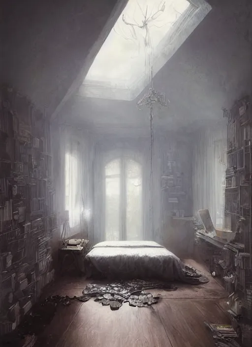 Image similar to a dreary bedroom, but floating above the bed are fantastical scenes of dreams, dreams invading mundane spaces, fantasy infiltrating reality, wisps of the impossible, 8k, ultradetailed, illustrated by Greg Rutkowski and Caspar David Friedrich.