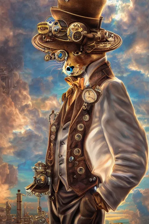 Image similar to ultra realist soft painting of a single steampunk rabbit artist, very intricate details, volumetric rainbow lighting, reflections, refractions, symmetry accurate humanoid anatomy features, unreal render