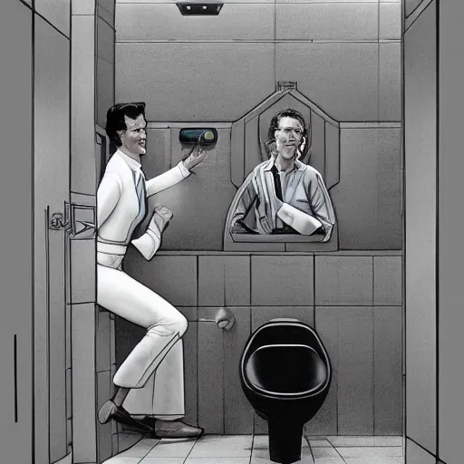 Prompt: Actor Randolph Mantooth is smiling as he climbs out of a toilet bowl by Ralph McQuarrie