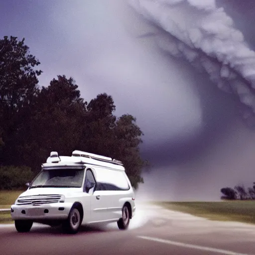 Image similar to white minivan driving away from a tornado, 4k, realism