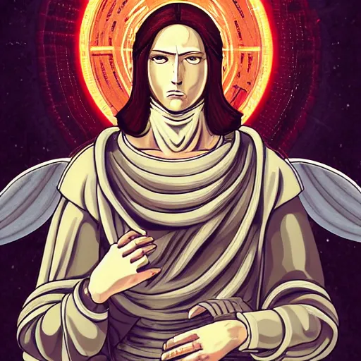 Image similar to detailed color manga illustration of a renaissance Saint with a halo, as a cyborg robot, cyberpunk, dark, akira, davinci, sistine chapel, sci-fi