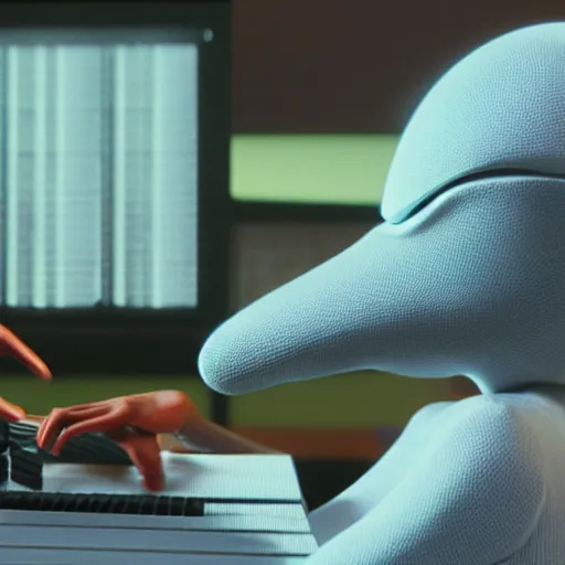 Image similar to cinematic film still of Pharrell Williams Making A Beat with an anthropomorphic alien, Japanese VFX, 2018, 400mm lens, f1.8, shallow depth of field,film photography