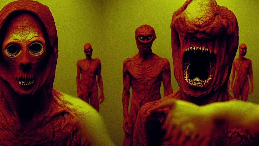 Image similar to the creature at the doctor's office, made of glowing wax and blood, they stare at me, film still from the movie directed by denis villeneuve and zdzisław beksinski with art direction by salvador dali, wide lens