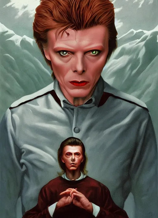 Prompt: twin peaks poster art, portrait of david bowie meets the little boy the prince of darkness, by michael whelan, rossetti bouguereau, artgerm, retro, nostalgic, old fashioned