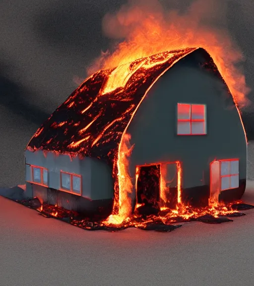 Image similar to melting, plastic house, on fire, cinematic lighting, highly detailed 8 k