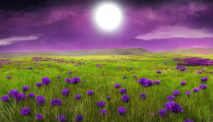 Prompt: solar eclipse in iceland, field with grass and purple flowers, wind, one tree, matte painting, art station