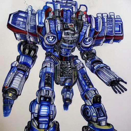 Prompt: an intricate ballpoint drawing of a giant anime robot