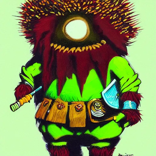 Image similar to a tennis ball monster wearing a scottish kilt, big mustache, scotland, digital art, fantasy, magic, chalk, trending on artstation, ultra detailed, professional illustration by basil gogos