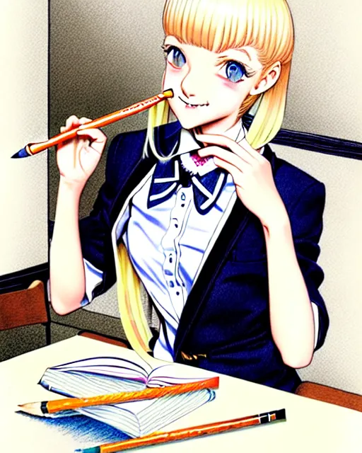 Prompt: illustration depicting a wealthy young mischievous female prep school student with medium length bright blonde hair and pale skin, in an old study room smoking her dad's cigarettes, complex artistic color ink pen sketch illustration, subtle detailing, illustrated by Artgerm and Range Murata.