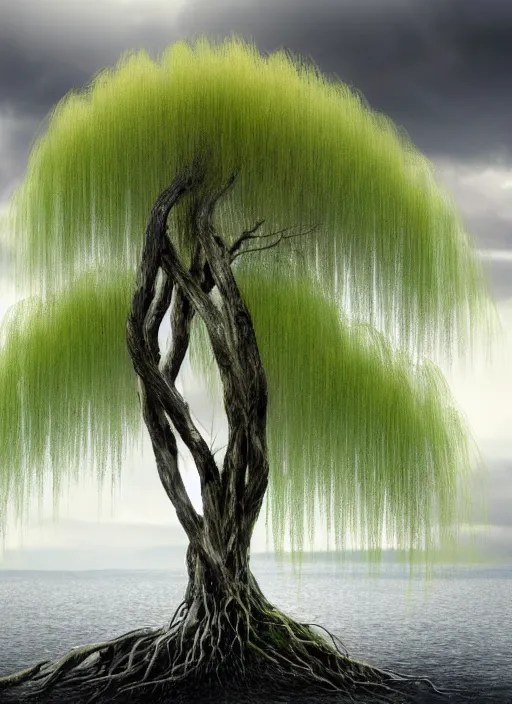 Image similar to nature photograph of a weeping willow with black bark and silver leaves sitting on a cliff in the distance in the style of stefan kostic, realistic, half body shot, sharp focus, 8 k high definition, insanely detailed, intricate, elegant, art by stanley lau and artgerm, luis royo, cloudy background