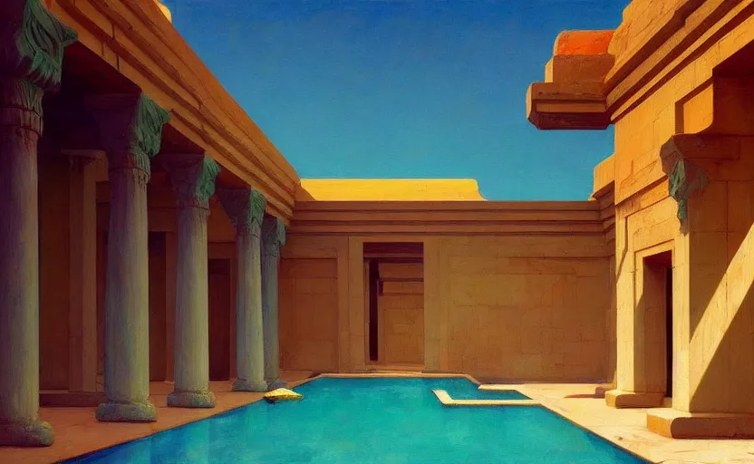 Image similar to A ancient persian temple with a big pool , very coherent, painted by Edward Hopper, Wayne Barlowe, painted by James Gilleard, airbrush, art by JamesJean