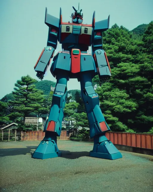 Prompt: a lomographic photo of old gigantic gundam mecha, standing tall above a typical japanese yard in small town, hikone on background, cinestill, bokeh