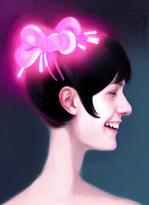 Image similar to portrait of teenage girl, narrow face, black hair, bangs, half updo hairstyle, skinny, smile, unattractive, defined jawline, big chin, wearing pink hair bow, earrings, intricate, elegant, glowing lights, highly detailed, digital painting, artstation, sharp focus, illustration, art by wlop, mars ravelo and greg rutkowski