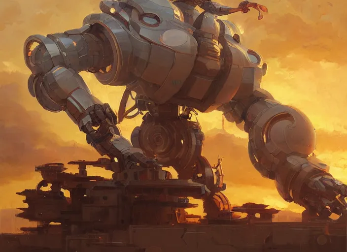 Image similar to an intricate oil painting of a giant anime robot with rounded and circular parts by steve henderson and greg rutkowski