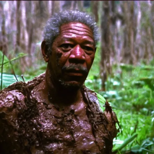 Image similar to cinematic still of morgan freeman, covered in mud and watching a predator in a swamp in 1 9 8 7 movie predator, hd, 4 k