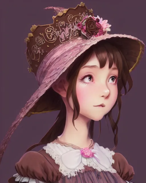 Image similar to a girl as ( fantasy personification of chocolate cupcake ), character design, cute hats, victorian inspired clothing, unreal engine, highly detailed, smooth, digital illustration by artgerm, studio ghibli, sharp focus, artstation. ribbons, fractal swirls. bakery background by studio ghibli, makoto shinkai, global illumination, blender, maya 8 k