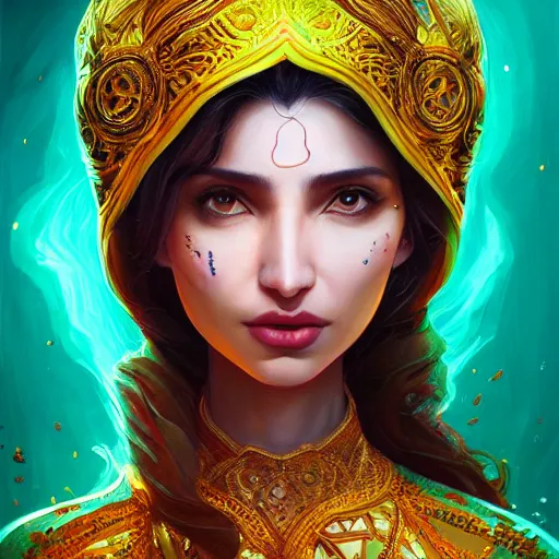 Prompt: head-on centered symmetrical painted portrait, Mahira Khan as a D&D wizard, intricate yellow fantasy robes, fantasy, intricate, elegant, highly detailed, digital painting, smooth, sharp focus, illustration, dramatic lighting, artstation, in the style of Artgerm and Anna Podedworna and Alex Ross
