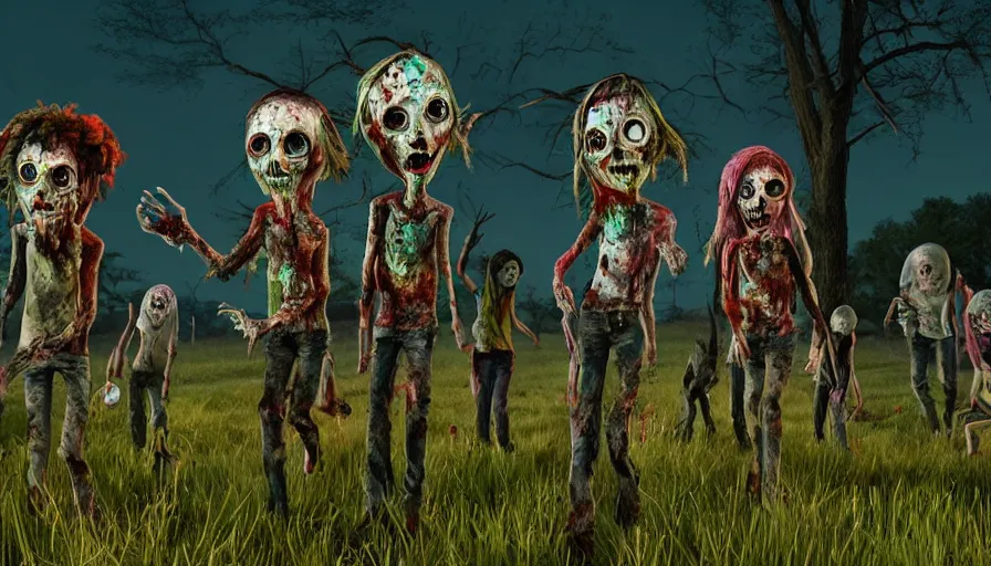 Image similar to night of the living dead by lisa frank's. rotting corpse, zombies, octane render, unreal 5 8 k depth of field, highly - detailed, in the style of squidbillies