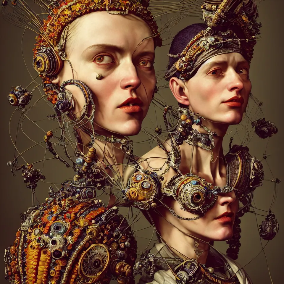 Image similar to colour caravaggio style photography of highly detailed beautiful woman with 1 0 0 0 years perfect face and wearing detailed ukrainian folk costume designed by taras shevchenko also wearing highly detailed retrofuturistic sci - fi neural interface designed by josan gonzalez. many details in style of josan gonzalez and mike winkelmann and andgreg rutkowski and alphonse muchaand