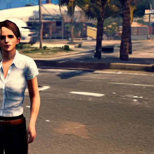 Image similar to Emma Watson spilling a soda on her white shirt in GTA 5.