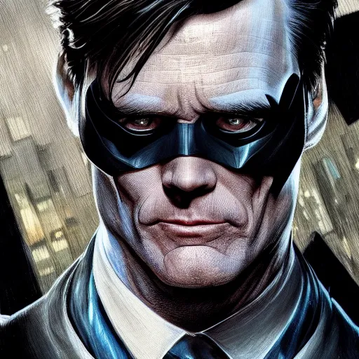 Image similar to Jim Carrey is Batman, hyperdetailed, artstation, cgsociety, 8k