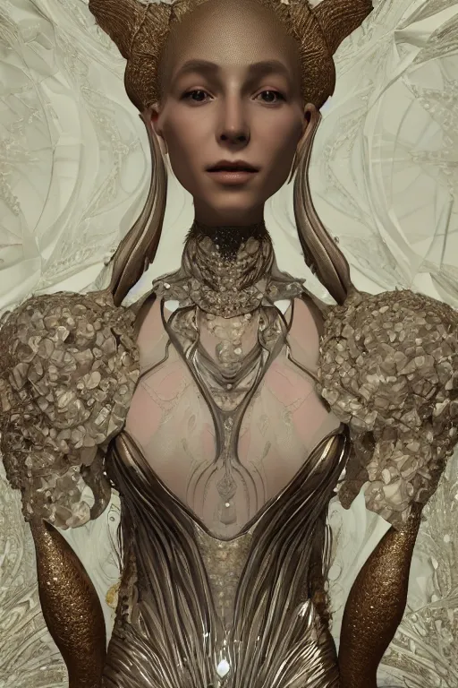 Prompt: a highly detailed medium shot 8 k render portrait of an alien goddess fashion model in iris van herpen dress schiaparelli in diamonds and jewelry in style of alphonse mucha trending on artstation made in unreal engine 4