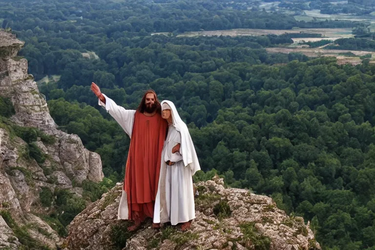 Image similar to an extreme close - up photo of jesus and mary magdalene standing on a cliff looking over a beautiful landscape in france, rennes - le - chateau, award winning photo, very detailed, very realistic cinematic